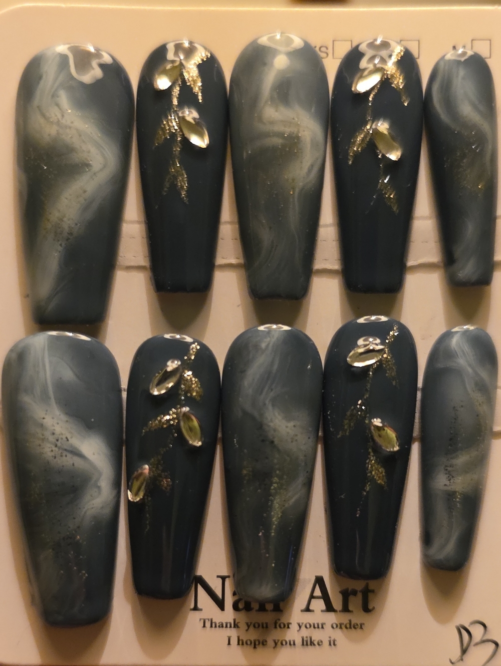 Marbled Dark Teal Press-On Nails with Gold Leaf Accents
